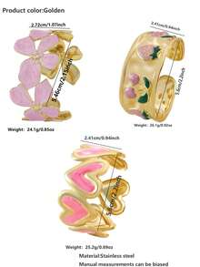 3PCS Minimalist Fashion Vintage Elegant Gentle Style Oil Drip Asymmetrical Four-Leaf Clover/Cherry Strawberry/Heart Bracelet Set Stainless Steel Women's Bracelet Suitable For Women's Daily Wear/Party/Evening Banquet/Afternoon Tea/Holiday Gift For Friends - Yellow Gold - View 2