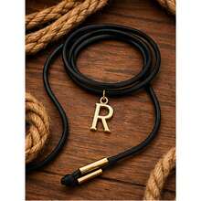 Leatherette Necklace With Personalized Letter, Gold Plated (N, Brown) - R - View 2