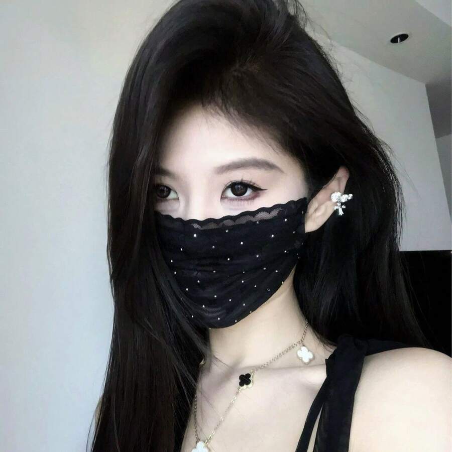 Elegant Rhinestone Lace Mesh Sun Hat Face Mask, Breathable UV Protection Face Cover, Fashion Design, Suitable For Women - Multicolor - View 1