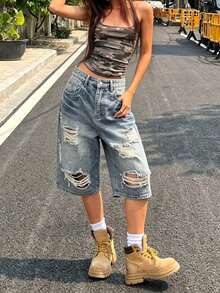 Distressed Light Blue American Style Loose Fit Flare Leg Denim Shorts For Women, Thin Fabric For Summer, Random Stitching Casual - Light Wash - View 3