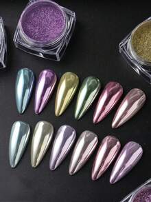 12 Colors Holographic Nail Powder Set, Mirror Effect Y2K Style, With 6 Application Sticks, Suitable For Nail Artist Salon Set And Beginners - Multicolor - View 2