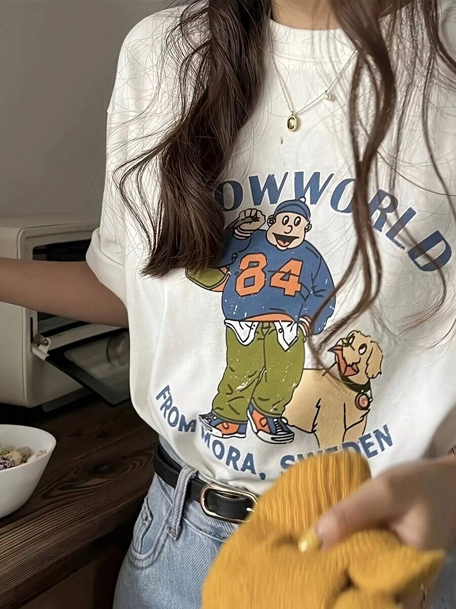 Camiseta Oversize con Estampado de Personajes de Dibujos Animados y Perros Estilo Y2K - Top Unisex de Manga Corta con Hombros Caídos, Diseño Largo y Detalles de Apliques, Tejido Transpirable