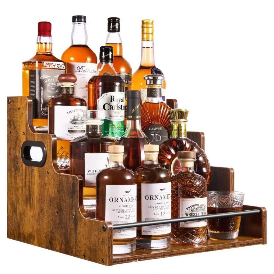 Luminpool 4-Tier Display Rack For Spices, Coffee Syrups, Wine & Whiskey Bottles, Rustic Storage For Kitchen, Bar & Pantry - Brown - View 1
