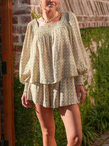 Vintage Boho Geometric Print Square Neck Long Puff Sleeve Two-Piece Flowy Outfit - Mustard Yellow - View 1