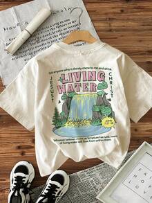 Minimalist. 100% Cotton. 1 Piece. [Double-Sided Printing][Wildlife Theme]Summer Island Cartoon Style. Waterfall, Trees. Letter Print T-Shirt, Casual And Loose Women's Round Neck Top. Spring/Summer Top. - 白色 - 查看 3