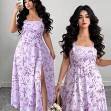 jianchaimaoyi02  Vestido de verano elegante y estilizador para mujer de talla grande con cuello cuadrado francés, mangas con volantes, abertura en el bajo, adecuado para uso casual, vacaciones ligeras, ocasiones sociales, fiestas de cóctel y citas - Naranja - Ver 10