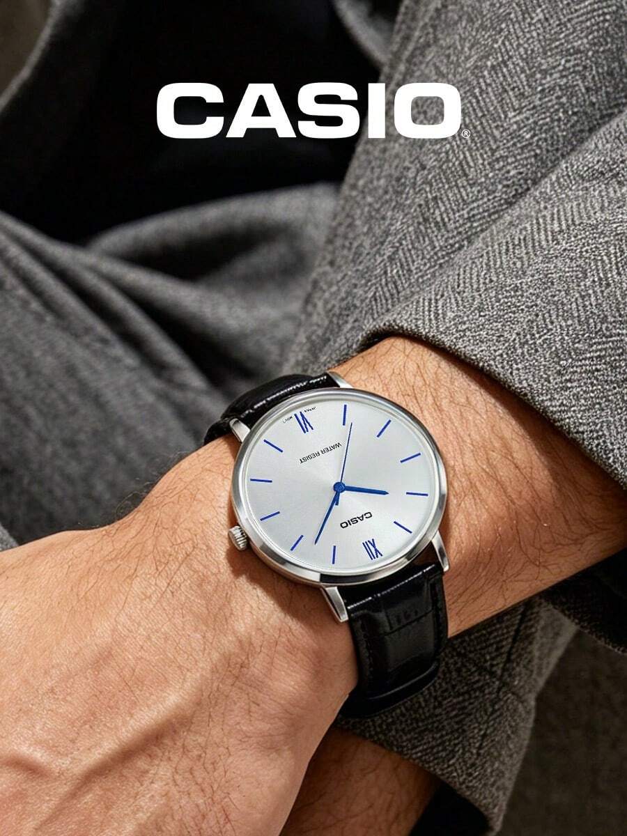 銀色錶盤商務休閒手錶 30M 防水極簡主義皮革男錶,CASIO MTP-VT01L-7B1 - 白色 - 查看 1