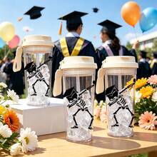 1pc/5pcs 500ml Gradient Plastic Cup With Straw, Carrying Rope And Leak-Proof Lid, Printed With Funny Graduation Skeleton Pattern, Suitable For Daily Use, Ideal Gift For Graduates, Students And People Who Like Humorous Graduation Theme During Graduation Season - Multicolored Skull Graduation Cap - View 4