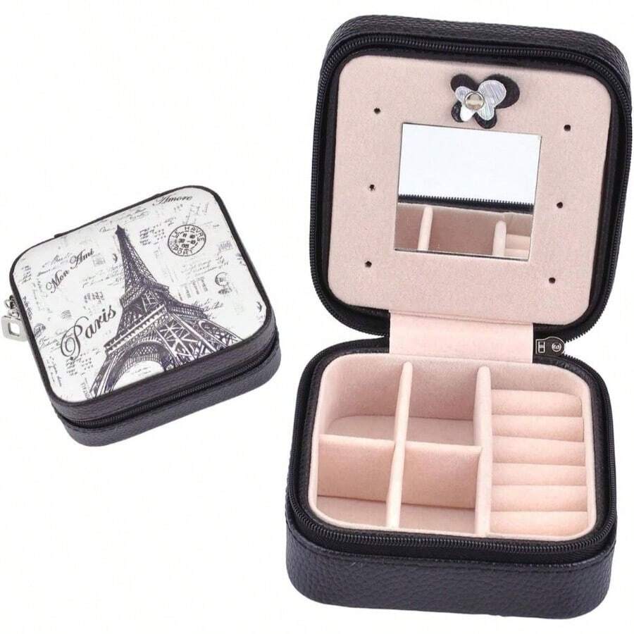 Paris tower Pattern PU Jewelry Holder Box Display Accessories Ring Earring Bracelet Storage Zipper Case PU Leather Portable Traval Jewelry Box Organizer Black - Torre de París - Ver 1