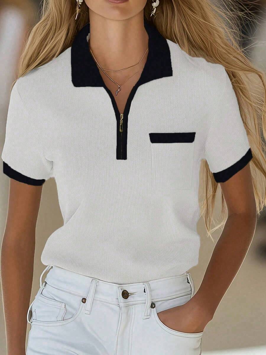 2026 Nuevo Conjunto elegante de oficina para mujer, suéter de punto minimalista y de alta gama, diseño de bolsillo con cremallera de contraste de color, ropa urbana para damas, blusa de punto de manga corta versátil y sencilla, ropa casual de verano para exteriores - Blanco y Negro - Ver 1