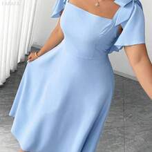 xuehuamaoyi02  Vestido de línea A de longitud media con cuello cuadrado y tirantes con lazo, en color azul cielo, elegante y minimalista, para mujer de talla grande, para uso diario, fiesta, boda y dama de honor - Azul - Ver 8