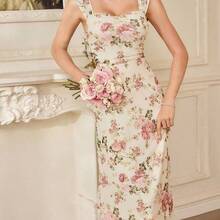 xuehuamaoyi02  Vestido ajustado con estampado floral vintage, tirantes ajustables, cintura entallada, longitud hasta la rodilla, fondo color albaricoque con flores rosas - Amarillo claro - Ver 5
