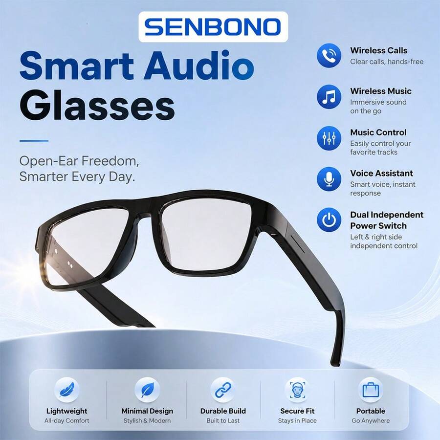 SENBONO 智慧音訊眼鏡 - 觸控操作穿戴式科技、Hi-Fi 音質、內建麥克風、USB 充電、無線連接,適用於音樂、輕量裝飾眼鏡、通話與戶外活動 - 送給男士與女士的完美禮物 - 查看 1
