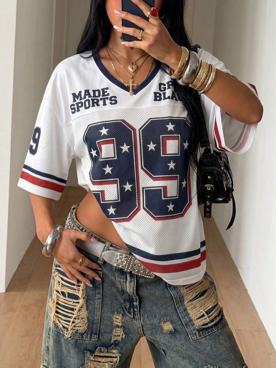 Women's Retro Street/Fashion Summer Casual Sports Numeric Striped Print T-Shirt - Multicolor - View 1
