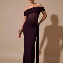 jianchaimaoyi02   Vestido maxi elegante de Body ceñido con hombros descubiertos, cintura transparente y sexy, adecuado para vacaciones, bodas, cumpleaños y temporada de graduación - Burdeos - Ver 1