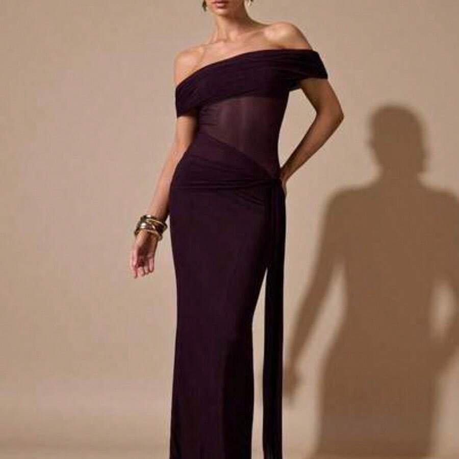 jianchaimaoyi02 Vestido maxi elegante de Body ceñido con hombros descubiertos, cintura transparente y sexy, adecuado para vacaciones, bodas, cumpleaños y temporada de graduación - Burdeos - Ver 1