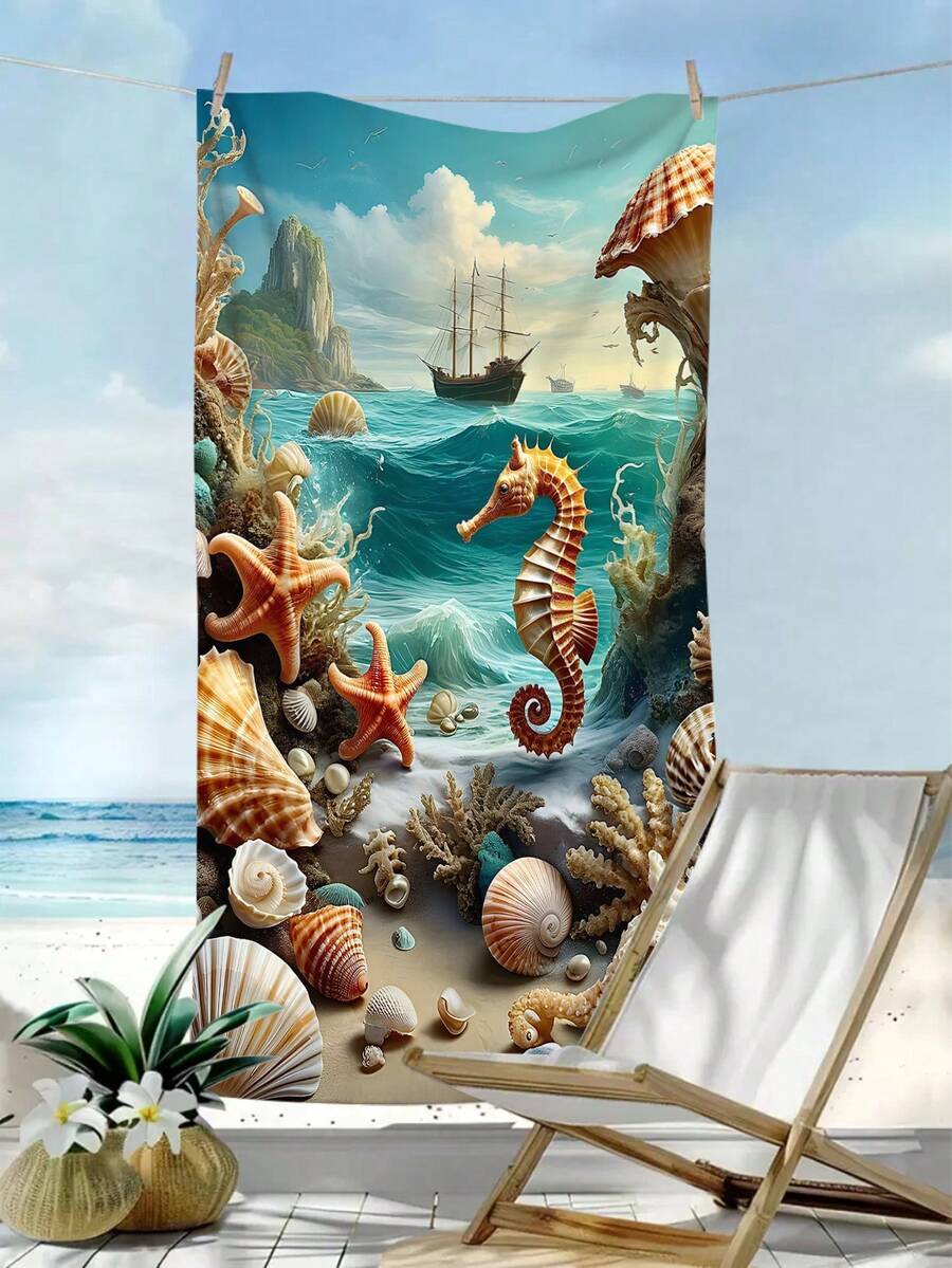 1件超細纖維海洋海灘巾，貝殼、海螺、海星印花快乾吸水柔軟海灘浴巾，戶外度假游泳防沙墊，戶外運動旅行游泳池瑜珈健身運動巾，游泳配件度假必備禮物多功能海灘巾（單面印花） - 薄荷藍 - 查看 1