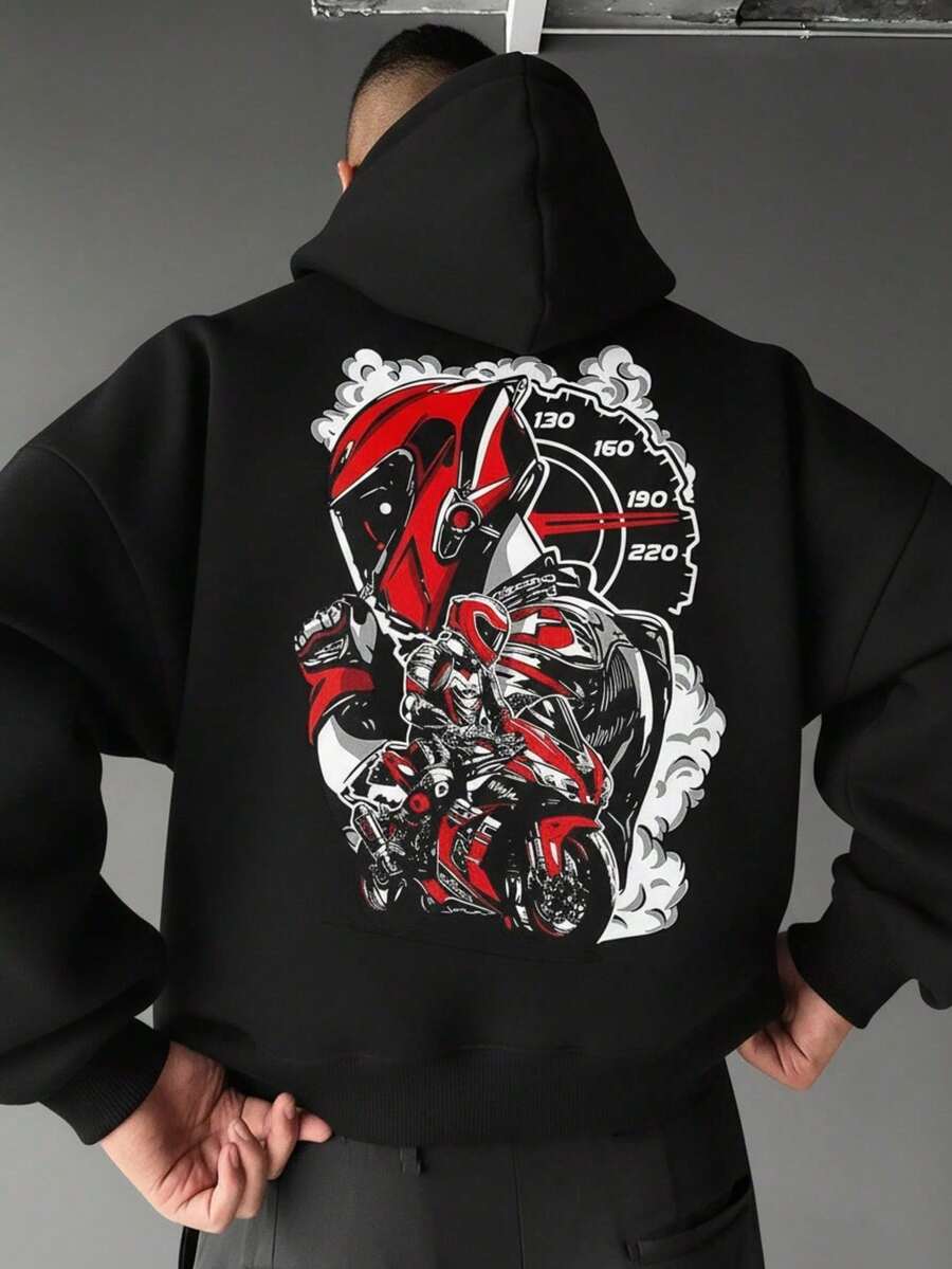 Sudadera con capucha blanca con estampado de motociclista, cordón y bolsillos para hombre - Negro - Ver 1