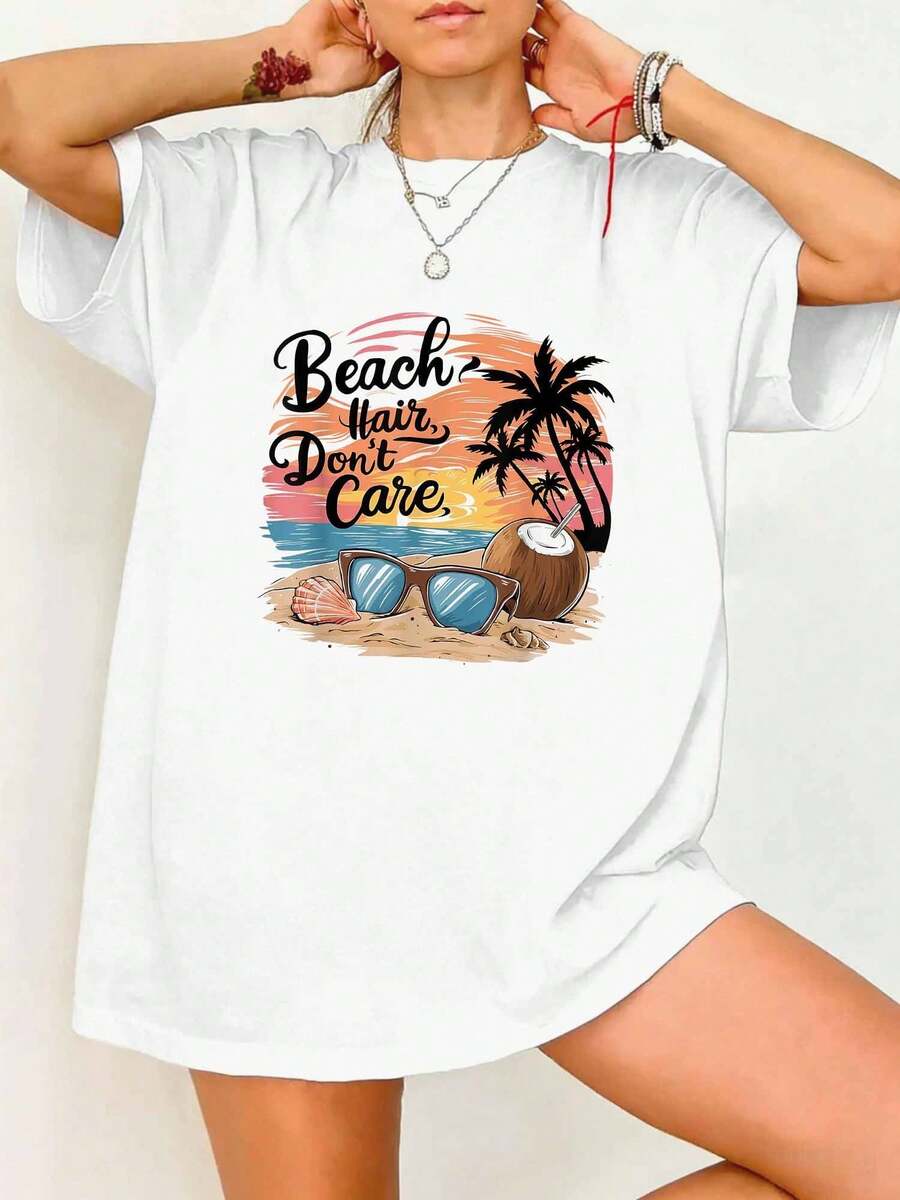 Beach Hair Don't Care Retro Sunset Coconut Palm Tree Summer Tee - White - View 1