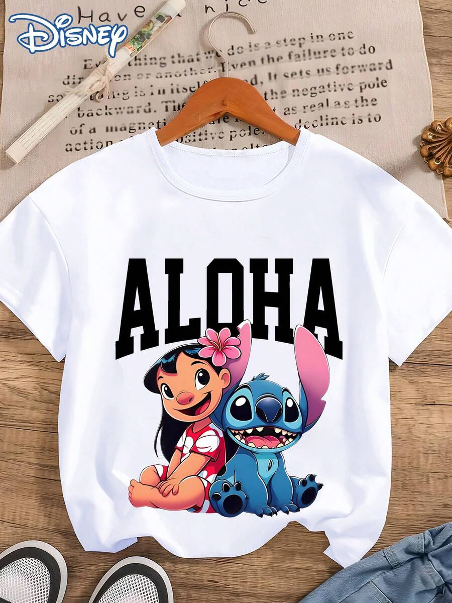 Disney! Hawaiian Style Stitch Lilo Print T-Shirt For Women, Couples And Besties Summer Loose Fit Versatile Round Neck Short Sleeve Top, American Vintage Streetwear Cartoon Women's Clothing, Outdoor Daily Casual Swear - trắng - Xem 1