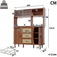 High-Quality Sideboard With Rattan Look And Glass Sliding Doors, 174.5cm High Kitchen Cabinet With Storage Space, Natural Wood/Walnut Look, Load Capacity Up To 60kg - Walnut - 查看 3