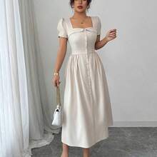 jianchaimaoyi02  Vestido de manga larga de primavera/verano con corte evasé, abertura en la falda, botones y cuello sin cuello con volantes, elegante para el trabajo - Verde militar - Ver 5
