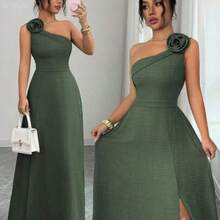 jianchaimaoyi02  Vestido de línea A con abertura, tirantes de hombro, espalda descubierta y ajustable en la cintura, con estampado floral verde. Elegante, romántico, femenino y versátil, ideal para uso casual, negocios, playa y fiestas en primavera/verano. - Verde militar - Ver 1