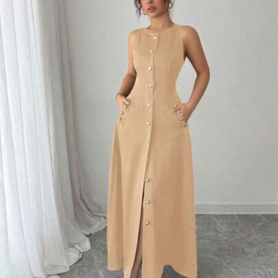 yonghongmaoyi1 Vestido casual de longitud media, de un solo pecho, con bolsillos y sin mangas, de color liso para mujeres - Caqui - Ver 1