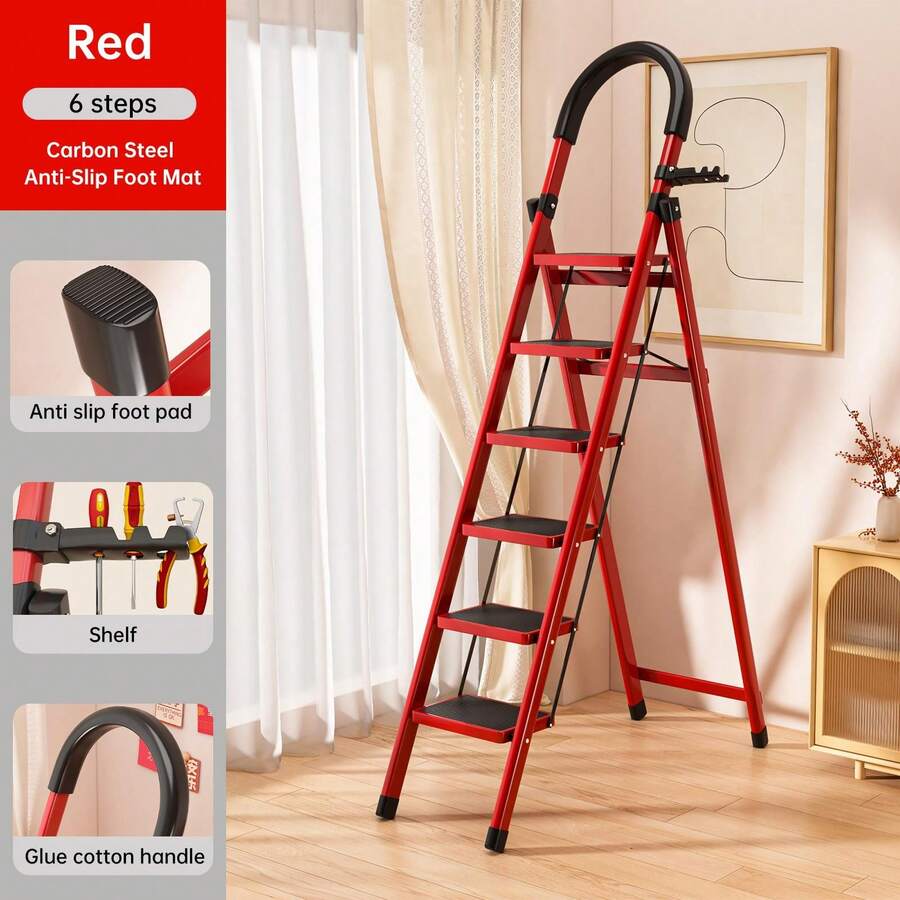Heavy-Duty 6-Step Folding Ladder, With A Load Capacity Of 500 Pounds, Made Of Thickened Carbon Steel, Featuring Widened Non-Slip Steps, A Stable Base, Lightweight And Portable For Space-Saving, Suitable For Home, Warehouse, Industrial - 紅色碳鋼踏板6步梯 - 查看 1