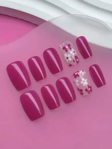 30pcs Women's Reusable Short Coffin Shaped Press-On Nails, Rose Red Print Y2K Style Full Coverage Glossy Fake Nails, Easy To Apply And Remove, Includes Jelly Glue And Nail File, Suitable For Vacation, Party, Dance And Daily Wear - Hot Pink - View 2