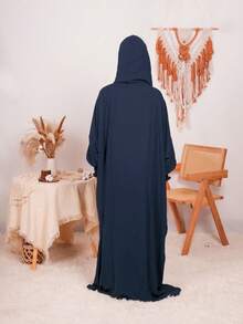 Women's Elegant Stylish Hooded Tassel Kaftan | Middle Eastern Long Robe For Daily Wear Prayer All Seasons - Navy Blue - View 2