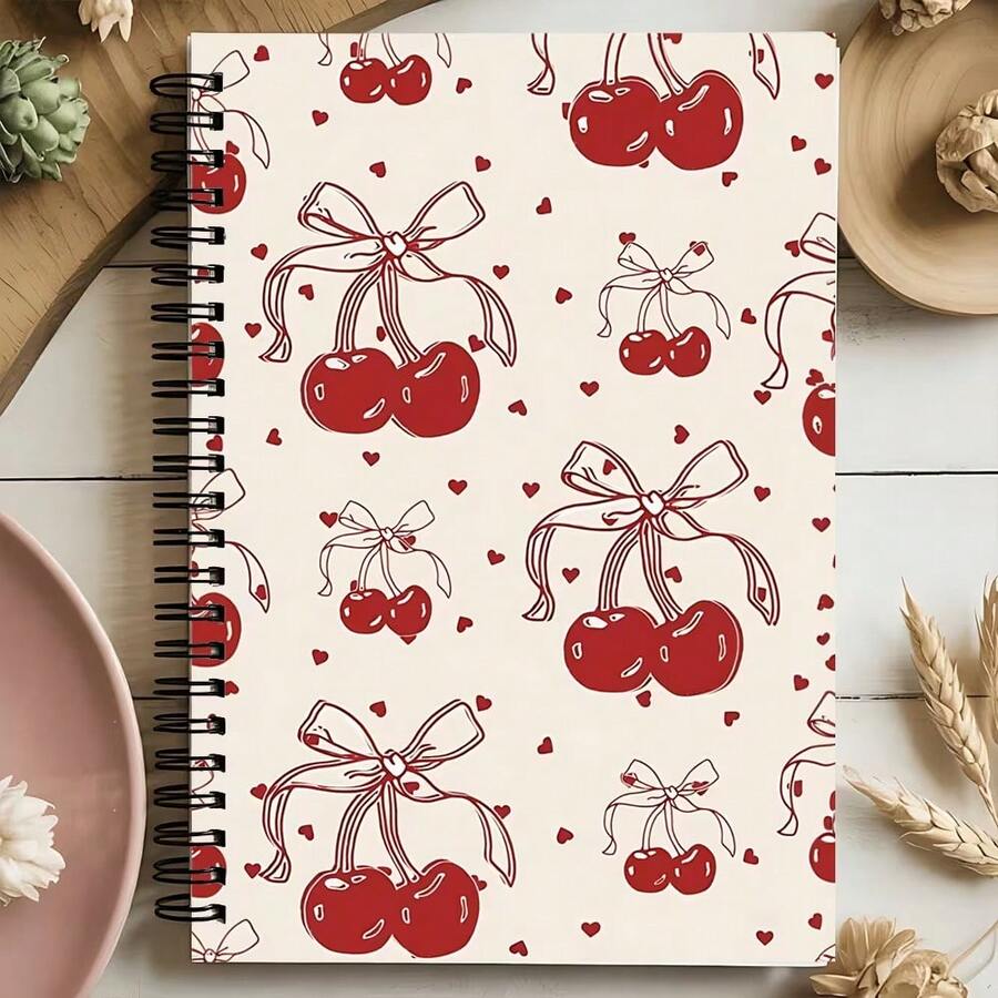Cherry Spiral Notebook - College Horizontal Line Design, Exquisite Cherry And Heart Pattern, High-Quality Paper, Portable Study And Creative Writing Essential - Ideal For Students And Prof - B - View 1