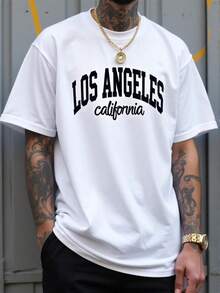Camiseta de Hombre con Estampado de Los Ángeles, California - Diseño de Logotipo Oversized, Camiseta Casual de Manga Corta y Cuello Redondo en Blanco y Negro, Adecuada para Uso Casual, Deportivo y Conjuntos Temáticos - Lavable aáquina - Blanco - Ver 4