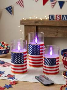 July 4th Flameless Candles With Remote Control, Red White And Blue Patriotic LED Candles, Battery Operated Flag Style Decorative Candles, Suitable For Independence Day Family Party Decoration, 3 Pieces Set - Purple Light - View 1