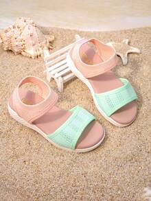 Sandalias de verano casuales lindas y dulces para niños pequeños, de tela suave con patchwork de malla de punto hueco, punta cerrada, caña baja, correa trasera con cierre de gancho y bucle, suela gruesa tipo cuña - Rosa - Ver 1