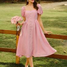 yonghongmaoyi1  Vestido de mujer vintage, elegante y clásico. Vestido ajustado a rayas para primavera/verano, vestido con botones, vestido rosa acampanado, vestido de manga corta - Rosa - Ver 7