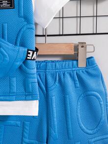 Boys' Casual Fashionable Colorblock Hooded Short Sleeve Top And Shorts 2 Pieces Set With Hanging Bag, Spring/Summer - Blue - View 7