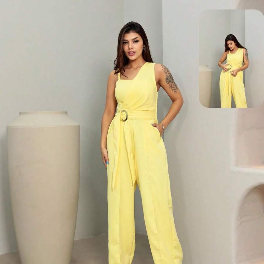 Polyester Jumpsuit - Yellow - View 1