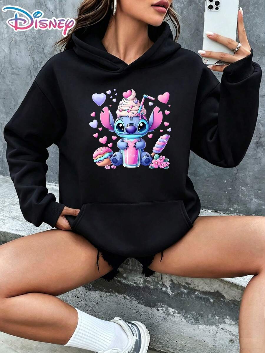 Disney Stitch Cute Sweet Style Ice Cream Donut Milkshake Flower Heart Background Cartoon Graphic Pullover Hoodie Women's Casual Daily Wear Long Sleeve Soft Comfortable Loungewear Teen Girls Fashion Top Gift For Lilo & Stitch Fans It Is A Gift For Fans And Friends, And It Is Also A Perfect Gift Choice For Lovers, Relatives And Friends. - màu đen - Xem 1