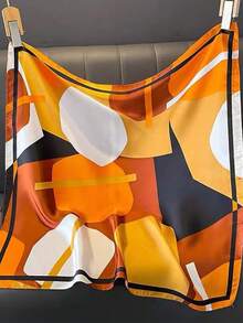 1 pieza Pañuelo de satén con estampado geométrico naranja & negro de 65*65cm, pañuelo cuadrado de seda sintética fina, pañuelo/chal/pañuelo de cintura multiusos, versátil para todas las estaciones, uso diario/fiesta/viaje - Naranja - Ver 3