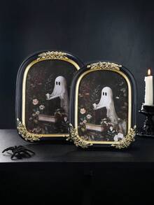 1PC Black Background Gold-Rimmed Rose Embossed Ghost Decorative Photo Frame, Resin Material Ghost Reading Book Rose Arch-Shaped Home Desktop Decor Photo Frame, Suitable For Bedroom, Study, Office Desk Photo Decoration And Photography Props - X Ghost Reading Rose Arched Photo Frame - View 2