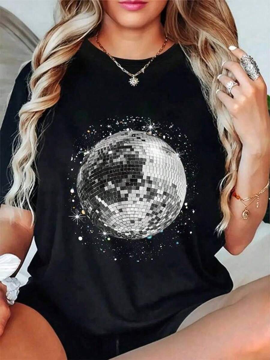 Retro 100% Cotton T-Shirt With Black And White Disco Ball Print For Men And Women, Round Neck, Classic Style, Summer Fashion, Vacation Tops For Women, Pri Clothing - 白色 - 查看 1