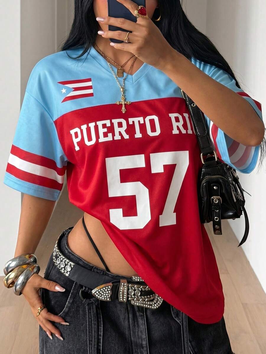 美式復古波多黎各「57」寬鬆運動衫,紅藍V領國旗印花女款Y2K街頭休閒夏季短袖上衣,適合日常穿著 - 藍紅 - 查看 1