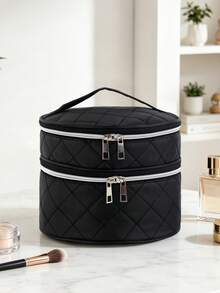 1PC Minimalist Portable Travel Makeup Brush Storage Bag, Quilted Diamond Pattern Double Layer Large Capacity Cosmetic Pouch, Lipstick Cushion Brush Storage Bag With Zipper Closure, Daily Makeup Storage Bag - Multicolor - View 3