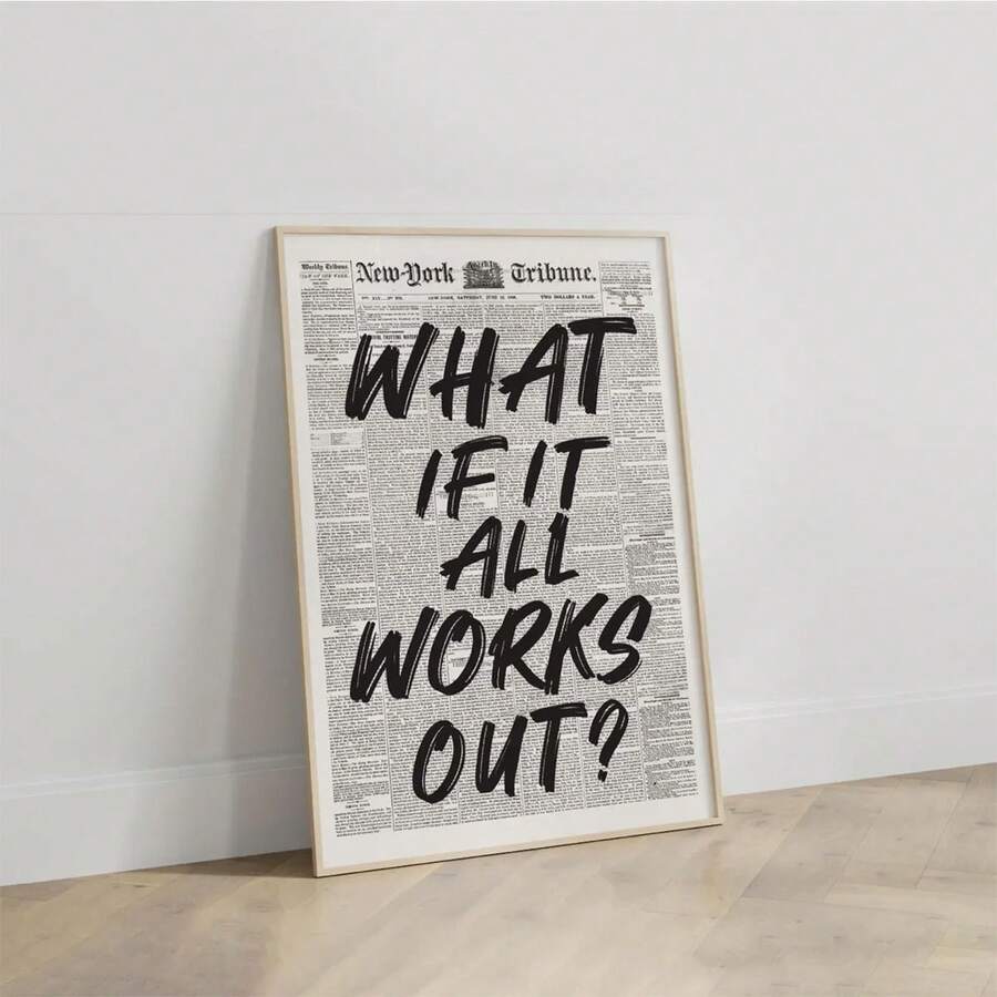 1PC What If It All Works Out Poster, Retro Newspaper Print, Typography Poster, 70's Wall Art, Black Positive Quote Print, Newspaper Style Wall Art, Girly Dorm Decor Apartment Aesthetic, Typography Preppy Black Home Decor, No Frame - Word - View 1