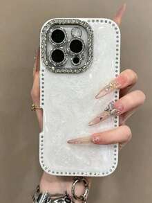 1pc Luxury Laser Sparkling Rhinestone Textured Phone Case, Compatible With IPhone 17 Pro Max/16 Pro Max/15/14/13, Pearl Bracelet Design, Shockproof Protection, Hard Shell Frame - White - View 3