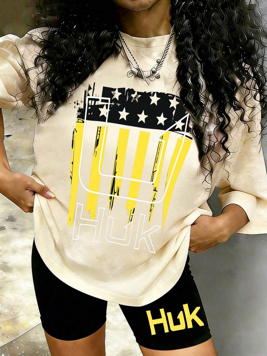 Two-Piece Set Women, HUK Fishing Brand Logo Print Loose T-Shirt + High-Waisted Cycling Shorts Set, A Casual And Versatile Round-Neck Short-Sleeved Top And Sports Shorts Set, Suitable For Fishing Trips, Outdoor Activities And Daily Wear - 卡其色 - 查看 1