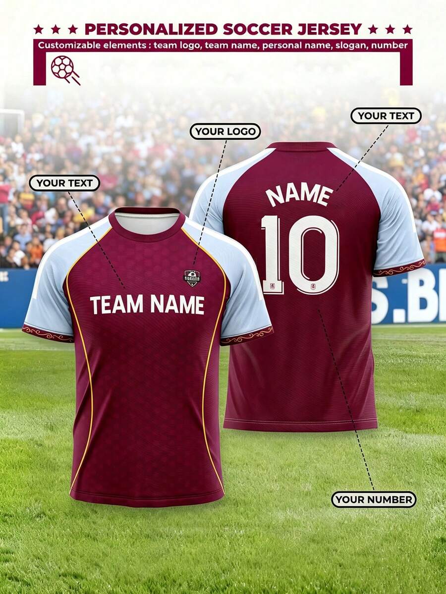 1件客製化 2026 賽季 Aston Villa 風格足球球衣,酒紅色印花夏季運動款 - 酒紅色 - 查看 1
