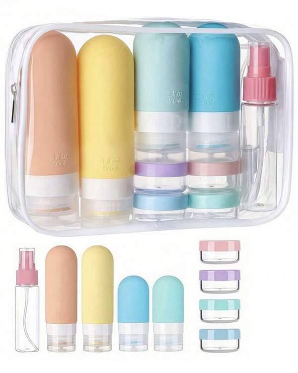 Multineos Comercial Kit Frascos Mala 9 Peças Viagem Organizador Cosmeticos Shampoo Creme Sabonete Em Silicone E Necessaire