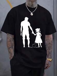 Camiseta de Hombre con Estampado de Silueta de Padre e Hija, Manga Corta, Cuello Redondo, Casual, Adecuada para Verano y Primavera, Ropa de Verano para Hombre para Actividades al Aire Libre - Negro - Ver 1